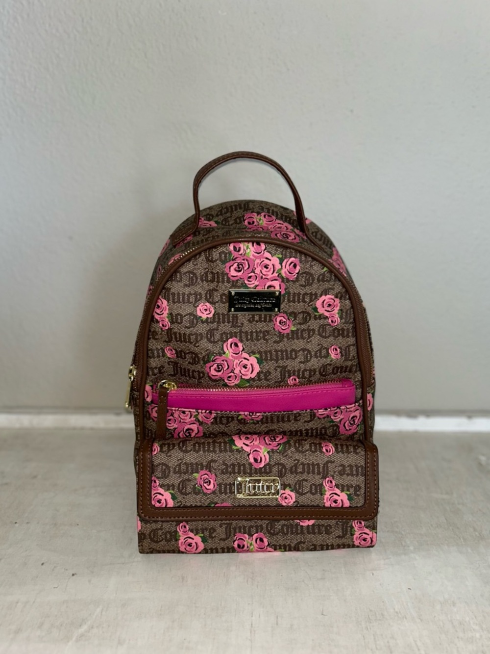 Juicy Couture Brown And Pink Rose Bloom Backpack With Matching Wallet